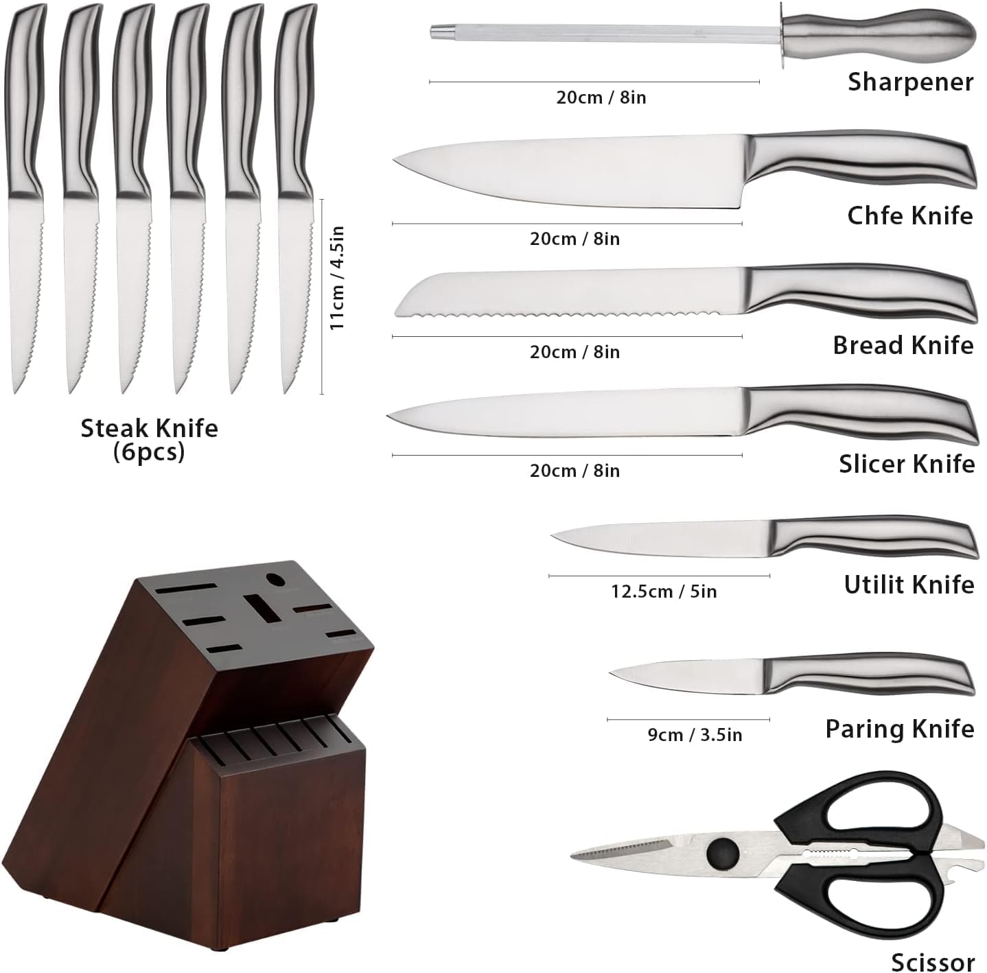 Knife Set, 14 Pieces Kitchen Knife Set with Wood Block, Chef Knife with 6 Pieces Serrated Steak Knives, High Carbon Stainless Steel Knife Sets for Multipurpose Cooking