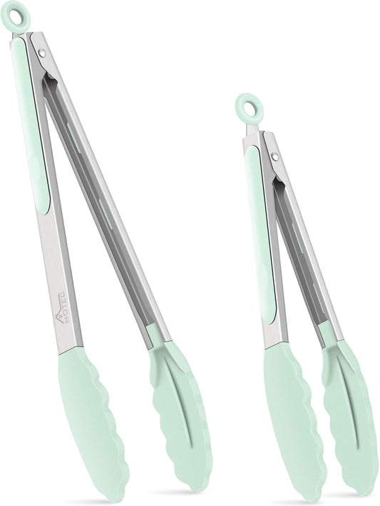 HOTEC Premium 7 & 9 Inch Kitchen Tongs, Stainless Steel Locking Cooking Tongs with Silicone Tips, Non-Scratch & Heat Resistant, Serving Tongs for Salad, BBQ, Light Green, Set of 2