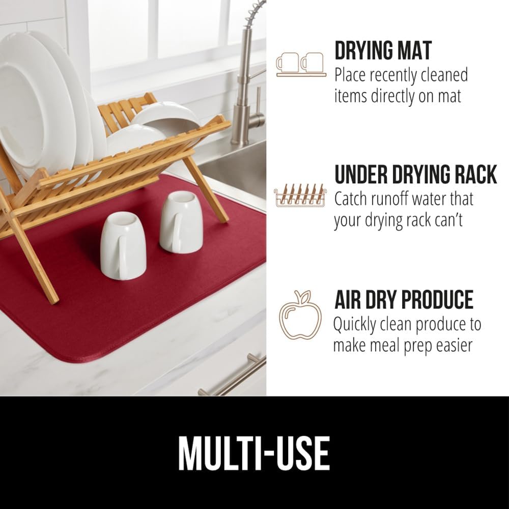 GORILLA GRIP Ultra Water Absorbent Microfiber Dish Drying Mat, Quick Dry Thick Mesh, Slip Resistant Pad for Sink Dishes or Under Rack, Kitchen Counter Accessories, 16x18, Machine Wash Mats, Red