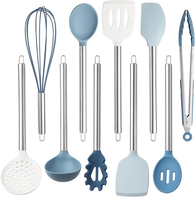 COOK WITH COLOR Silicone Cooking Utensils, Kitchen Utensil Set, Easy to Clean Silicone Kitchen Utensils, Cooking Utensils for Nonstick Cookware, Kitchen Gadgets Set, 10 Pieces, Blue and White