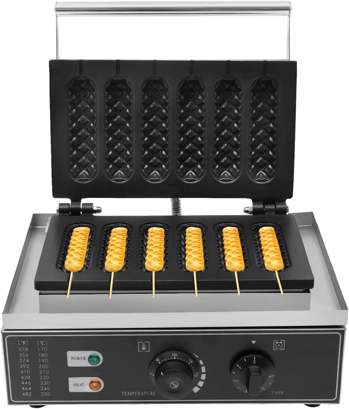 Commercial Waffle Stick Maker, 1500W 6-Channel Corn Dog Maker with Time & Temp Controller, Stainless Steel, Black, Compact, Countertop Griddle Appliance