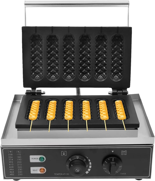 Commercial Waffle Stick Maker, 1500W 6-Channel Corn Dog Maker with Time & Temp Controller, Stainless Steel, Black, Compact, Countertop Griddle Appliance