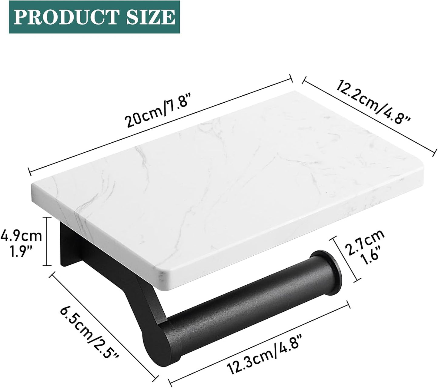 Hoimpro Matte Black Aluminum Toilet Paper Holder with White Natural Marble Shelf, Wall Mounted Tissue Hand Paper Roll Storage Holder for Bathroom Kitchen Washroom Bedroom