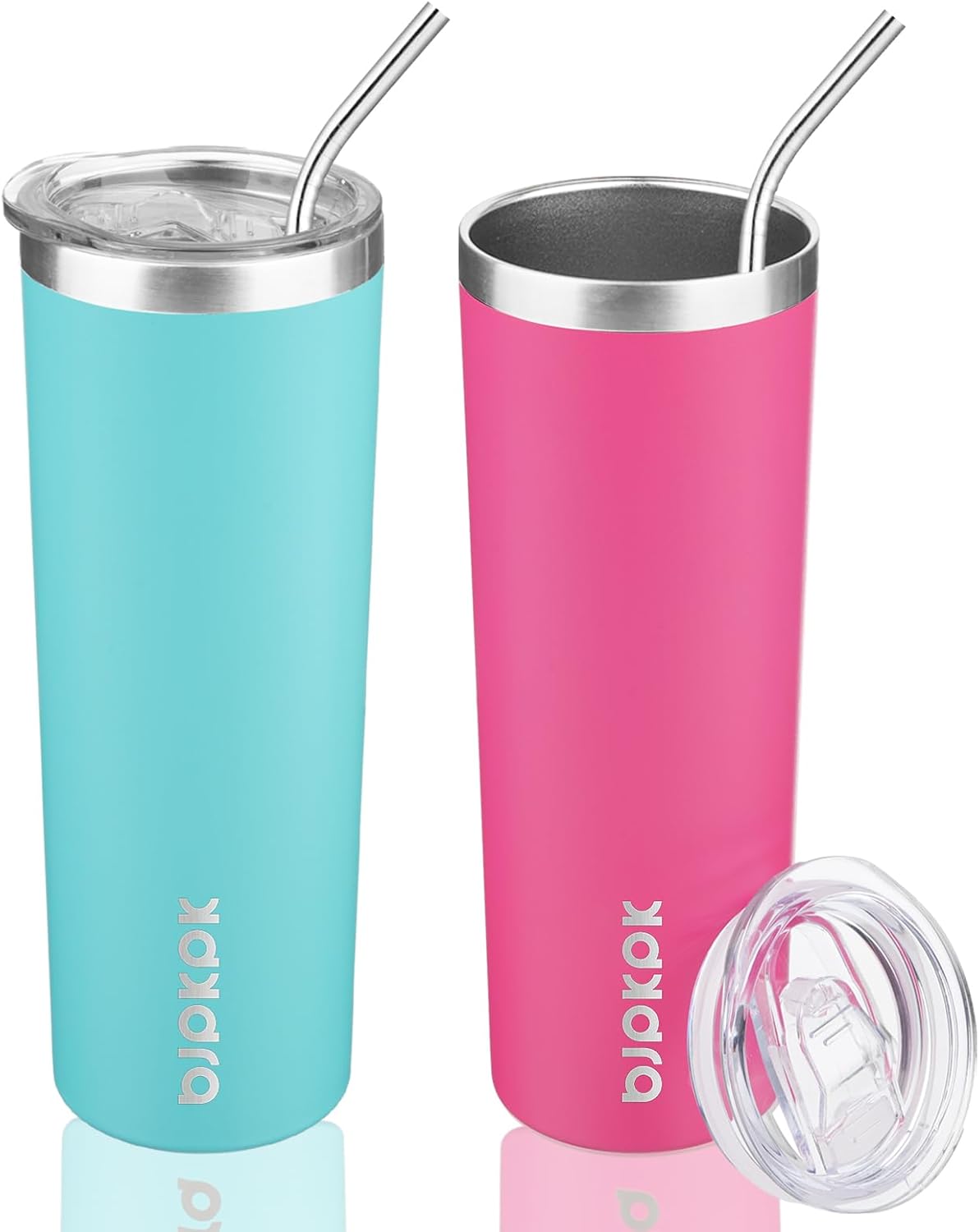 BJPKPK 20oz Skinny Tumblers with Lid Insulated Travel Coffee Cup Stainless Steel Thermal Mug,Turquoise,Pink (Pack of 24)