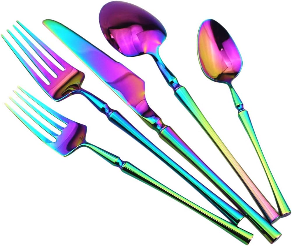 Gugrida Rainbow Silverware Set, 5-Piece 18/10 Stainless Steel Flatware Cutlery Set for 1,Mirror Finish, Ideal for Wedding Festival Party Home Kitchen, Dishwasher Safe