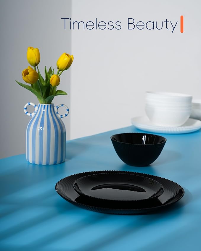 Dinnerware Sets for 4, 12 Pieces Opal Glass Plates and Bowls Set, Dishwasher and Microwave Safe Ribbed Dish Dinning Ware, Chip and Scratch Resistant Dishware, Black