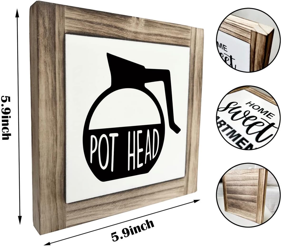 XJCUG Pot Head Wood Plaque Sign, Box Wood Plaques Desk Décor, Rustic Pot Head Coffee Sign, Café Tabletop Décor, Pot Head Kitchen Sign, Wooden Décor for Coffee Bar, Coffee Station Décor 5.9×5.9inch