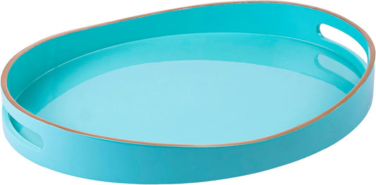PEMAR 15.7" x 11.8" Oval Lacquer Serving Tray, Handmade Polished Coffee Table Tray w Insert Handles, Luxury Decorative Platters for Dining, Party, Dinner, Breakfast in Bed (Aqua)