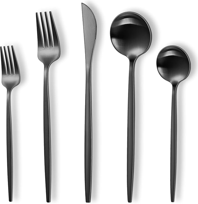Matte Black Silverware Set,30 Piece Stainless Steel Modern Flatware Set,Brushed Cutlery Set Service for 6,Satin Finish Utensils Set,Home Kitchen and Restaurant,Dishwasher Safe