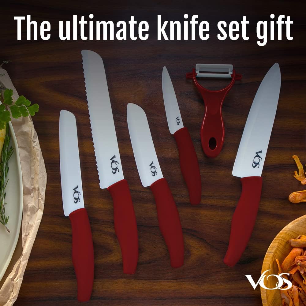Vos Ceramic Knife Set - Ceramic Kitchen Knives With Peeler, Paring Knives 4", 5", 6", 7", 8" Inch Red