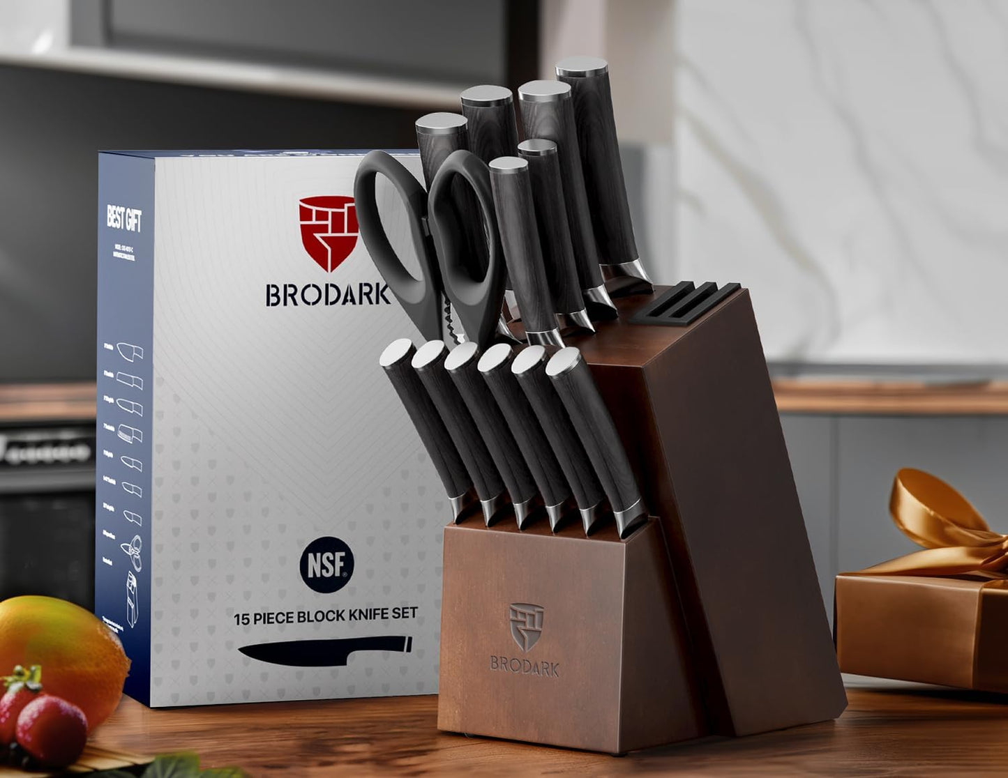 BRODARK Kitchen Knife Set, Ultra Sharp 15 Pcs Knife Set with Block, Full Tang Chef Knives, High Carbon Stainless Steel Knife Block Set with Sharpener, Wooden Handle