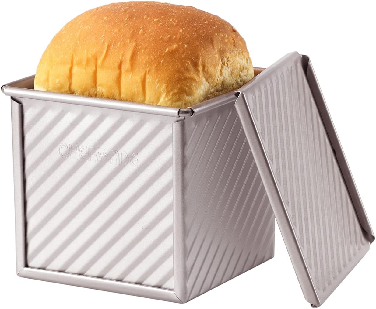 CHEFMADE Mini Pullman Loaf Pan with Lid, 0.55Lb Dough Capacity Non-Stick Rectangle Corrugated Toast Box for Oven Baking 3.9" x 3.9"x 3.9"(Champagne Gold)