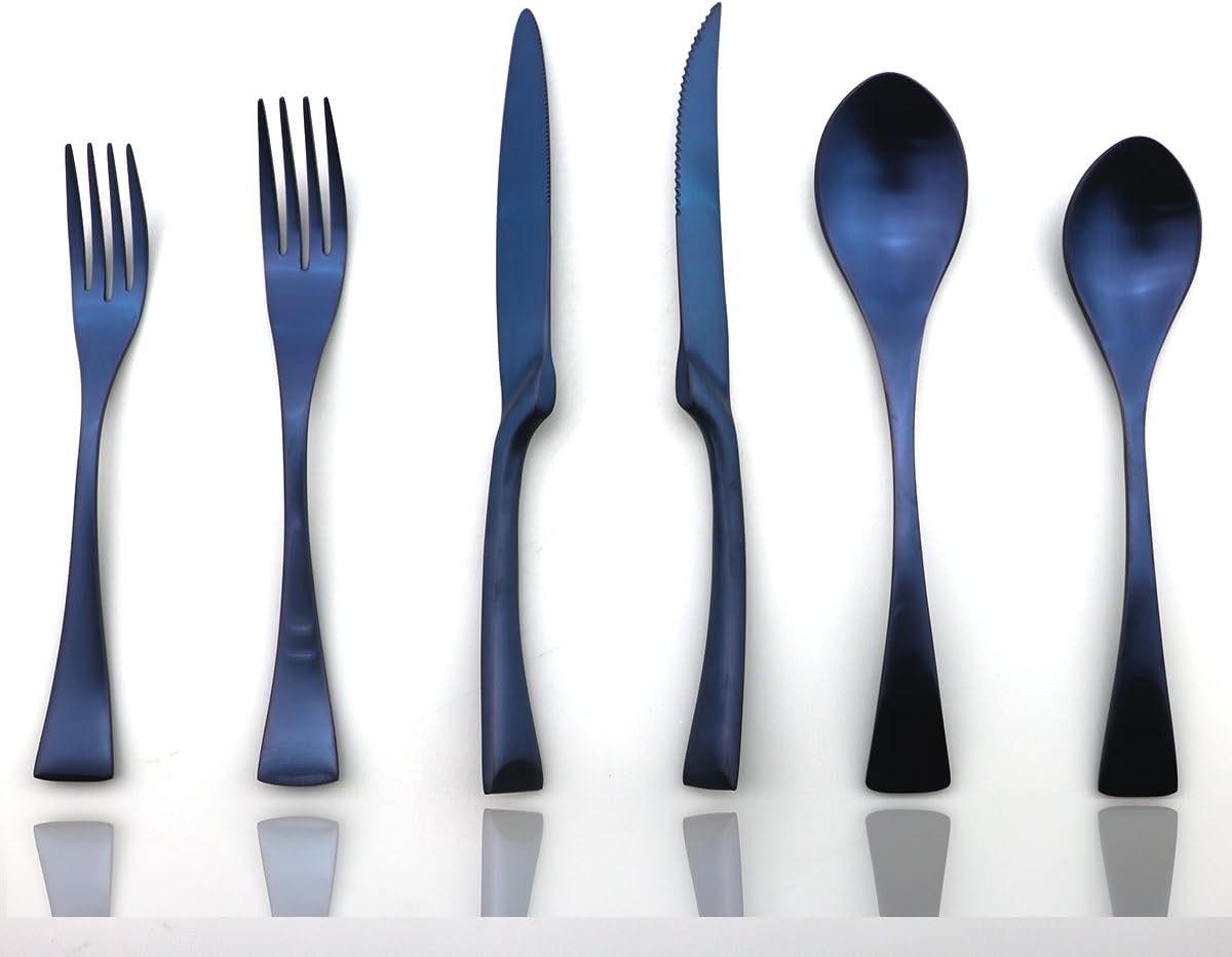 JASHII Luxury 24 Pieces 18/10 Stainless Steel Silversmiths Flatware Blue Matte Replace Titanium Black Silverware Set DISHWASHER SAFE Utensils,Dinner Knife STEAK Knife Fork DINNER DESSERT Spoon
