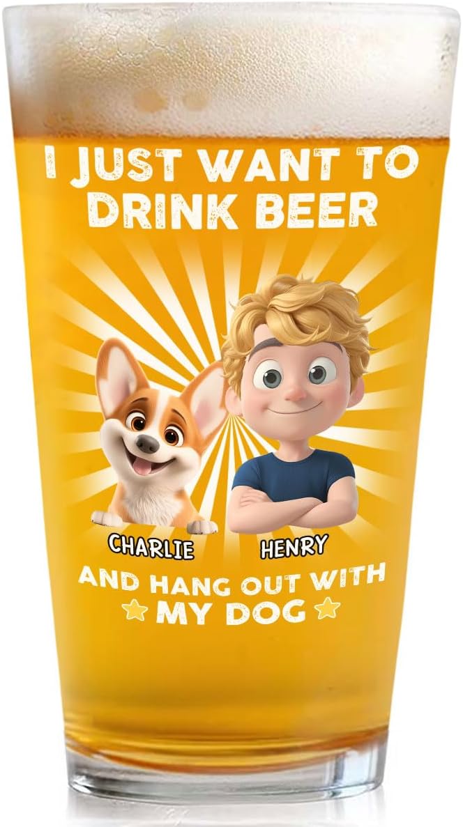 Wrappiness Dog Dad Personalized Beer Glass - I Just Want To Drink Beer and Hang out With My Dog, Cute Cup for Men Pet Lovers, Custom Chibi Art and Breeds, Fathers Day Birthday Gifts for Him
