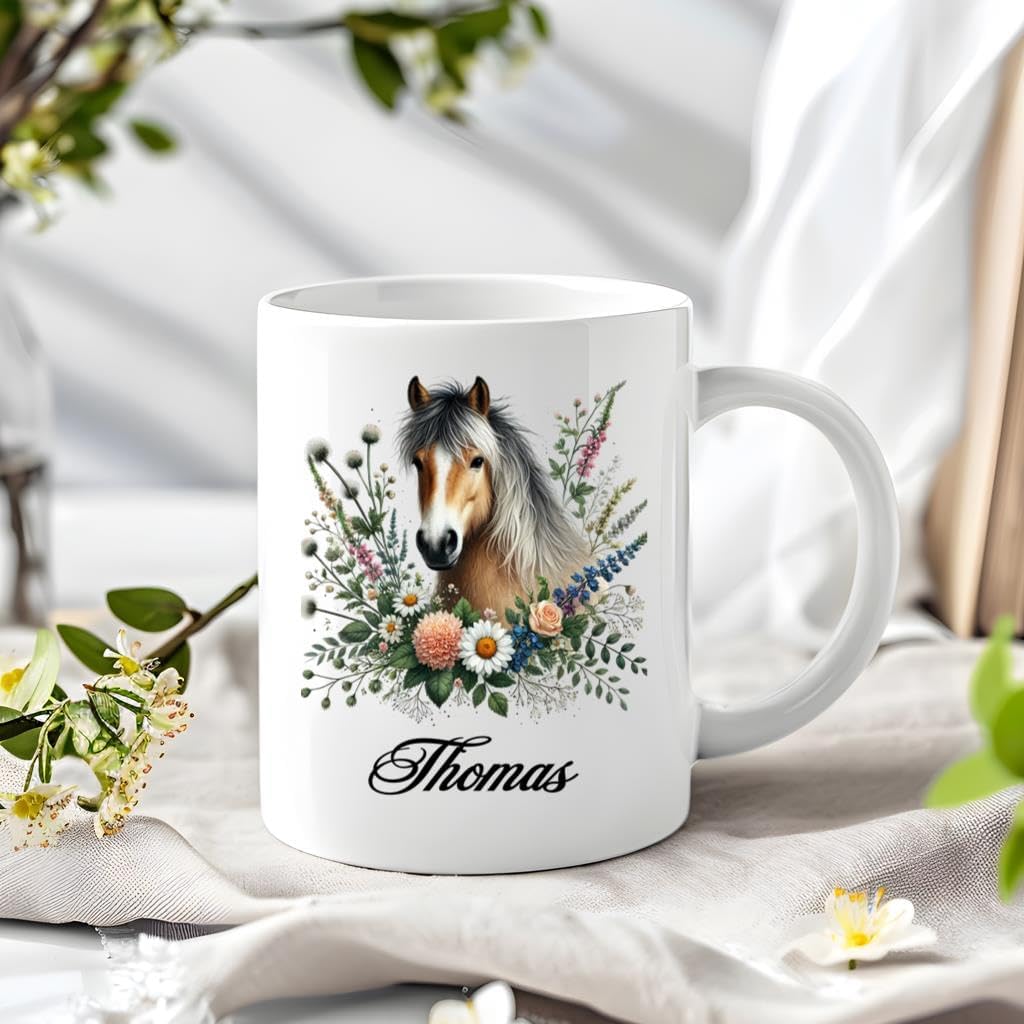 Horse Lover’s Custom Ceramic Mug 11oz 15oz - Personalized Name Animal Coffee Cup with Floral Horse Art - Unique Equestrian Coffee and Tea Cup