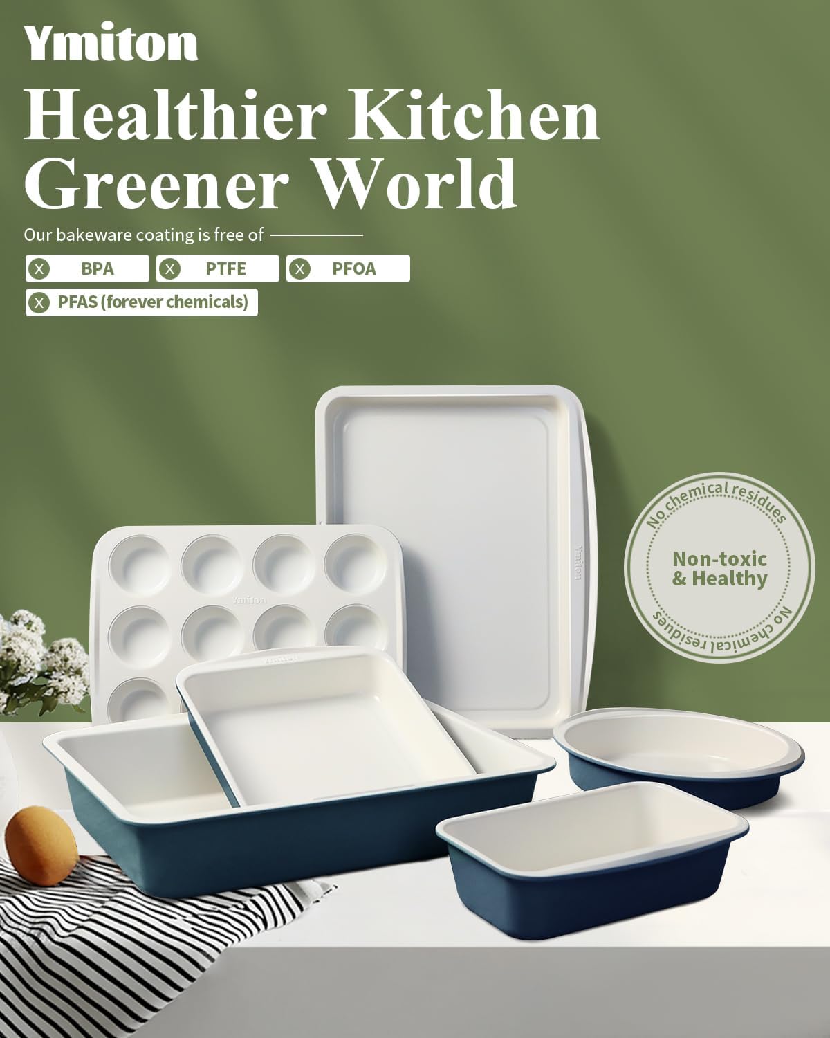 Ceramic Nonstick Baking Pans Set, Non Toxic 30 PCS Stackable Bakeware Sets, 550°F Oven Safe Baking Sheet & Pans, Warp-Free, Dishwasher Safe, PTFE/PFOA/PFOS-Free (Blue)