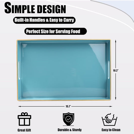 Teal Blue Decorative Coffee Table Tray, Rectangular Plastic Serving Tray with Handles for Living Room, Ottoman, Bathroom, 15.7"*10.2"