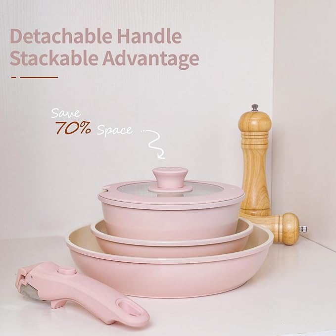 8PCS Ceramic Cookware,Nonstick Ceramic Pan, Removable Handle Pots and Pans Set, Stackable Pan Set, Nonstick Pots and Pans Set Non Stick pot(Pink)