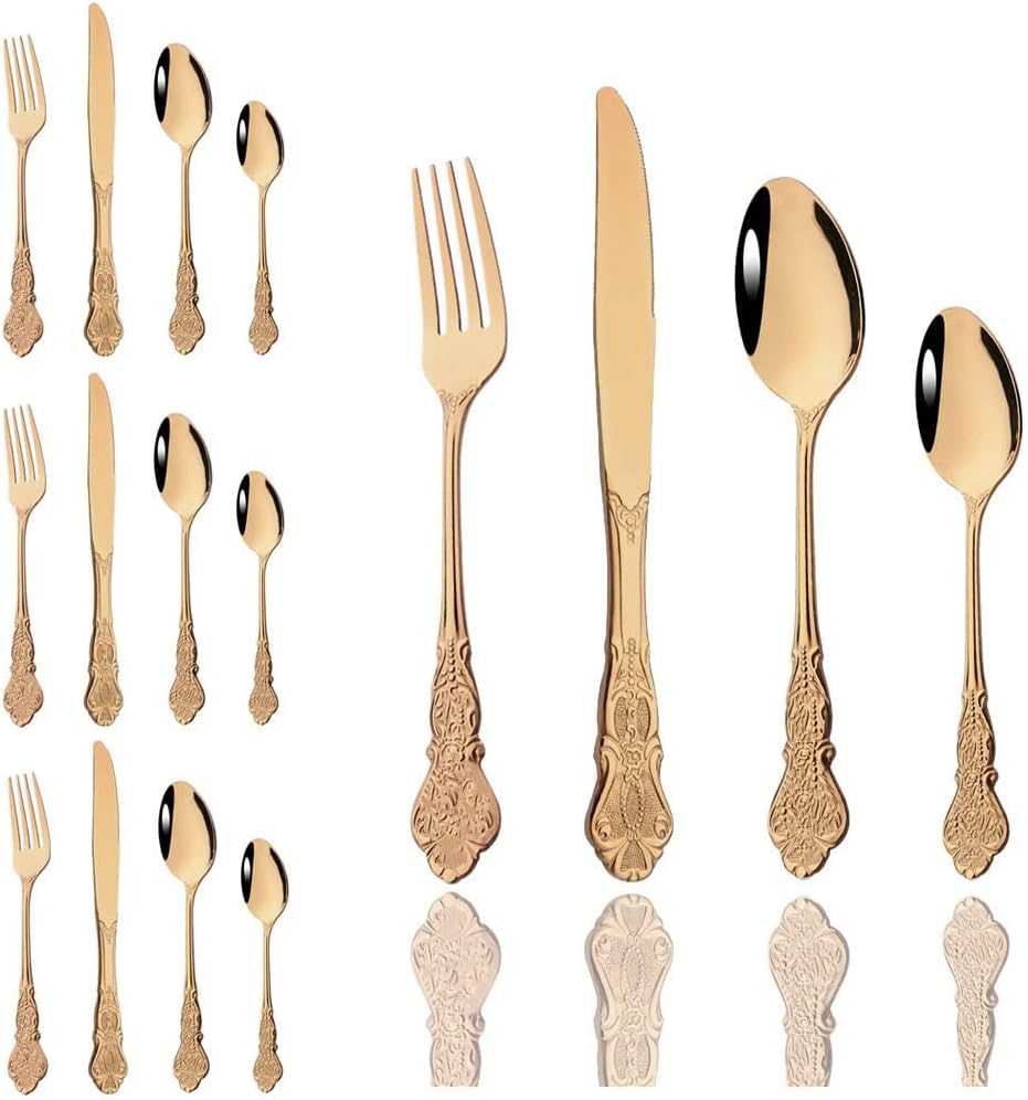 JASHII 24-Piece Silverware Set, Stainless Steel Flatware Cutlery Eating Utensils Service for 6, Unique Elegant Pattern, Mirror Polished, Dishwasher Safe (Rose gold)