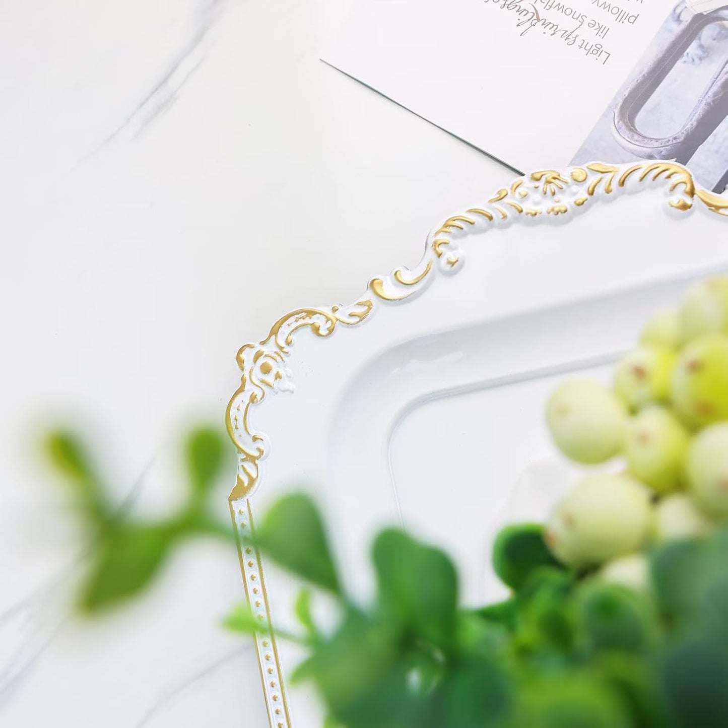 2 Pcs White Vintage Decorative Trays with Gold Rim, Serving Tray for Table Centerpiece Decor, Coffee Table, Living Room