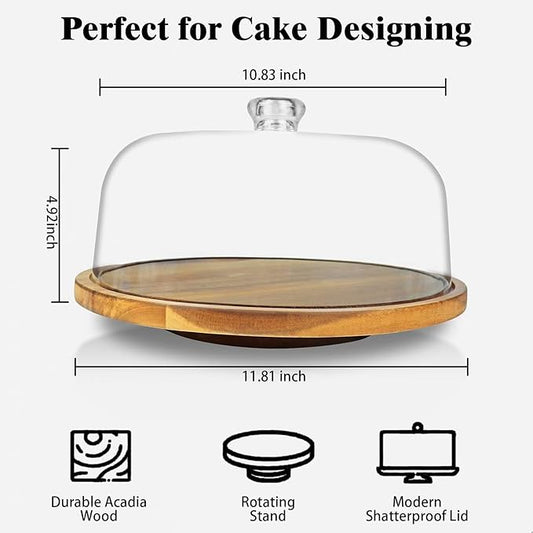 cutesun Wood Cake Stand with Lid, 12in Acacia Wood Cake Plate with Cover, Wooden Cake Display Stand with Acrylic Dome, Cake Holder Tray for Wedding Gift，Kitchen,Birthday,Parties,Baking Gifts