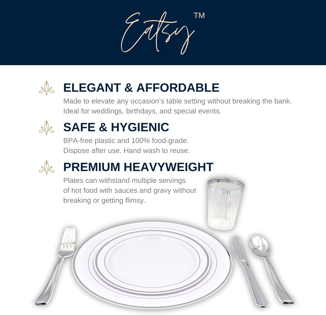 Tableware Dinnerware Set, Premium Heavyweight, Reusable or Disposable Party Plates, Includes Dinner Plate, Dessert Plate, Cutlery, and Cup (Silver, 150-Piece Set, Serves 25 Guests)