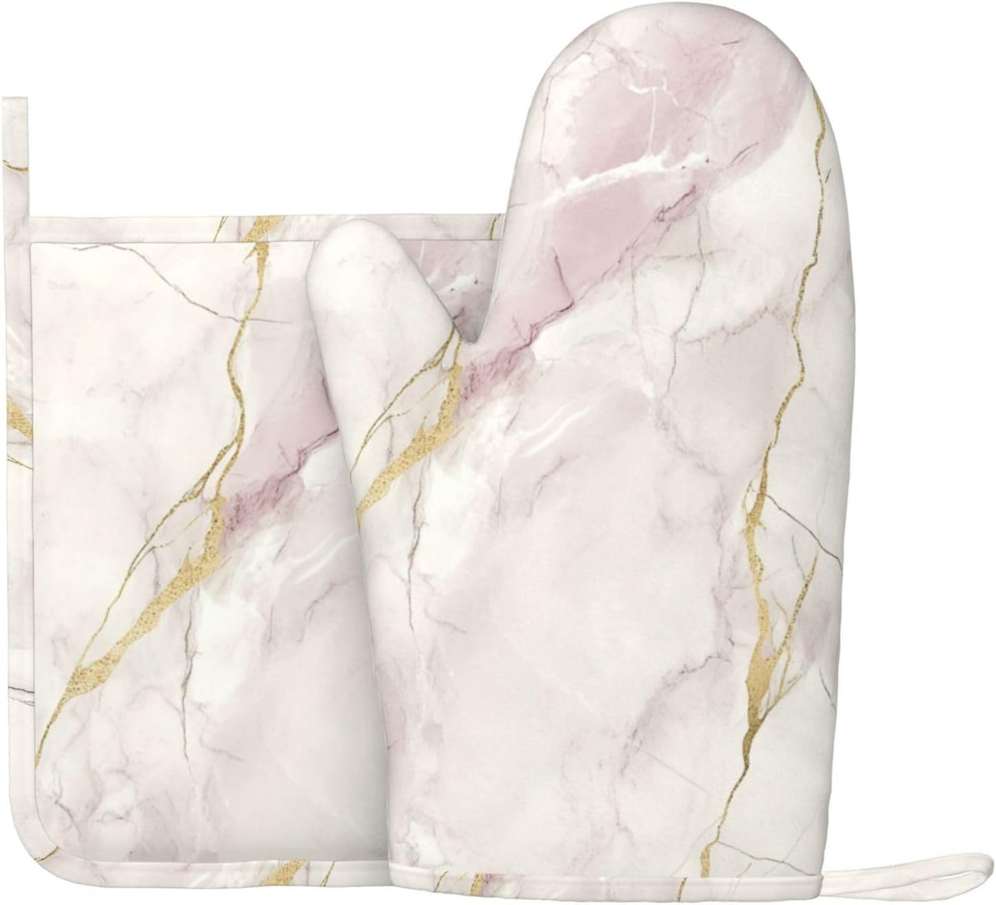 Oven Mitts and Pot Holders Light Pink White Marble Silicone Kitchen Accessories Set of 2 Heat Resistant Long Gloves Potholder Non-Slip Grip for Chef Cooking Baking Grilling BBQ