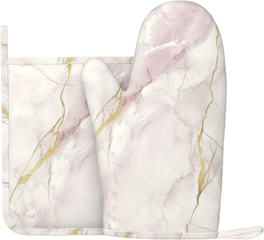 Oven Mitts and Pot Holders Light Pink White Marble Silicone Kitchen Accessories Set of 2 Heat Resistant Long Gloves Potholder Non-Slip Grip for Chef Cooking Baking Grilling BBQ