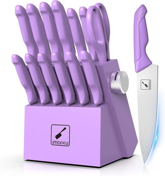 imarku® Kitchen Knife Set, Sharp Knives Set with Built-in Sharpener, Stainless Steel Block Knife Set and Non-Slip Ergonomic Handle, Dishwasher Safe, 14 PCS Professional Knife Set for Gift, Lavender
