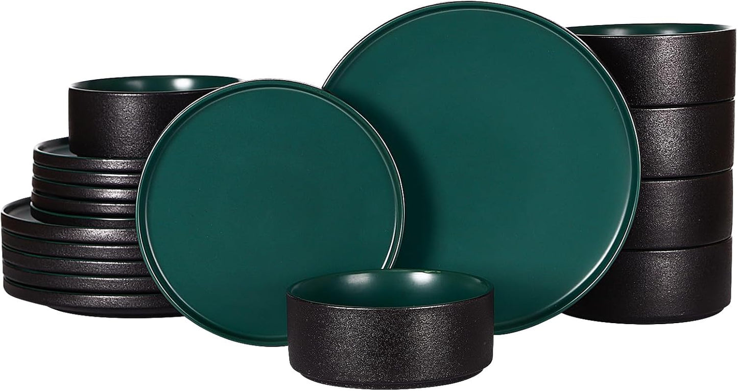 GZG Classic Series - Plates and Bowls Set for 6, 18 Piece Stoneware Dinnerware Sets, Microwave and Dishwasher Safe Lead-Free Handcrafted Ceramic Dishes Set - Malachite Green