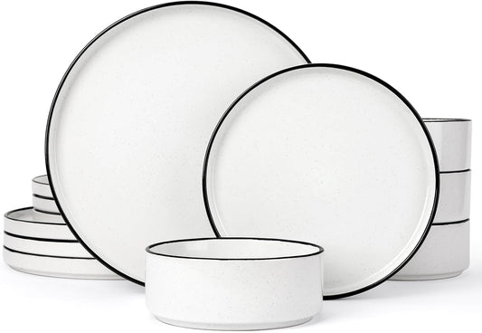 Famiware Nebula Plates and Bowls Sets for 4, 12 Pieces Stoneware Dinnerware Set, Microwave and Dishwasher Safe Dishes Set, White with Black Rim