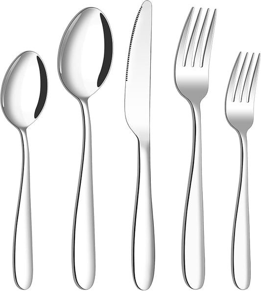 60 Piece Silverware Set for 12, Amafox Stainless Steel Flatware Set, Mirror Polished Forks and Spoons Tableware Cultery Set, Durable and Anti-corrosion, Dishwasher Safe