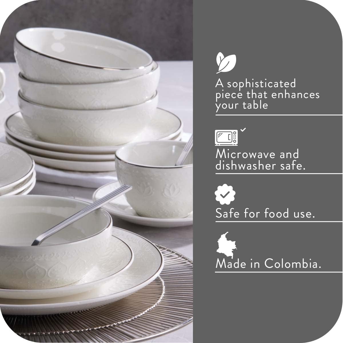 Corona 20–piece Silver-Rim Elegant Embossed Floral Pattern Ceramic Dinnerware Sets, Plates Bowls and Cups, Service For 4, Harmony