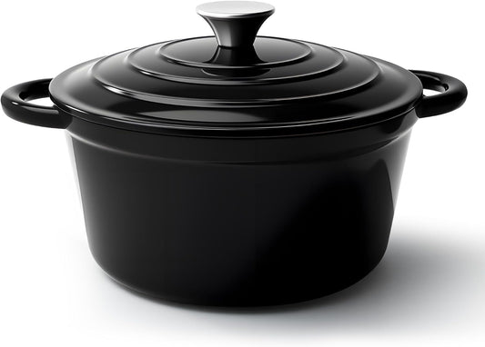6 Quart Dutch Oven Pot with Lid, Non Stick Enameled Cast Iron Dutch Oven for Bread Baking, Heavy-Duty, Oven Safe Ceramic Cookware Up to 500°F for Baking, Braising, Stews, Roasting, Black