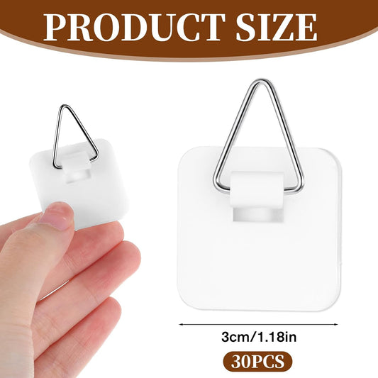 30 Pcs Invisible Adhesive Plate Hangers, Foamboard Picture Hanging Hooks Without Nails Plastic Sticky Photo Hooks for Home Wall Art Photo Frame Bathroom Closet (Square)