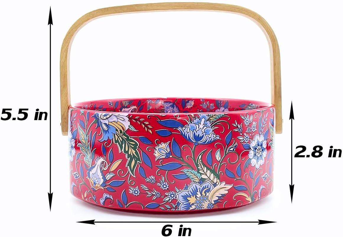 6" Elegant Iris Ceramic Fruit Basket with Detachable Wooden Handle,Candy Dish,Decorative Bowl,Kitchen & Dining Table Office Decor(Red)
