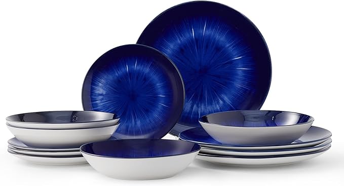 Bestone Porcelain Dinnerware Sets Service for 4, 12 pcs Hand drawn Plates and Bowls Sets, Handmade Ceramic Dish Set, Chip Resistant Modern Plate Set, Dishwasher/Microwave Safe，Dark Blue