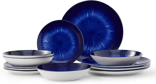 Bestone Porcelain Dinnerware Sets Service for 4, 12 pcs Hand drawn Plates and Bowls Sets, Handmade Ceramic Dish Set, Chip Resistant Modern Plate Set, Dishwasher/Microwave Safe，Dark Blue