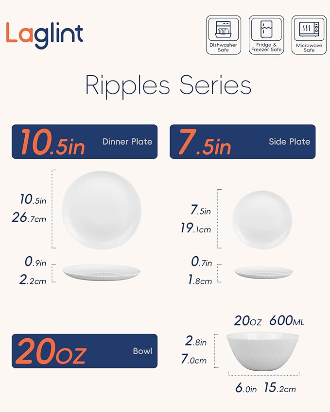 Dinnerware Sets for 4, 12 Pieces Opal Glass Plates and Bowls Set, Dishwasher and Microwave Safe Ribbed Dish Dinning Ware, Chip and Scratch Resistant Dishware, White