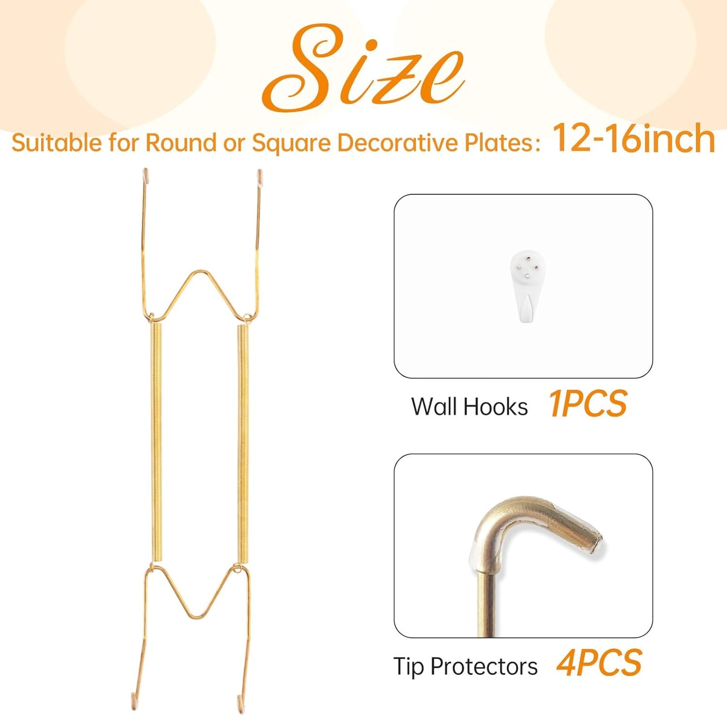 Plate Hangers for The Wall, Suitable for 12-16 inch Decorative Plate, Stainless Steel Wire Plate Holder with Wall Hooks and Rubber tip Protectors, Plate Hangers for Displaying Plates, Platter, Gold