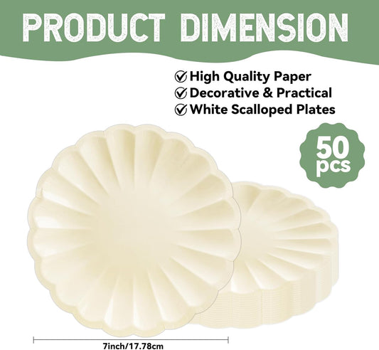 50Pcs Large Scalloped Cream Paper Plates 7Inch Shell Edge Dessert Plates for Cake Salad Fruit Disposable Dessert Serving Plates for Birthday Wedding Baby Shower Party Decorations