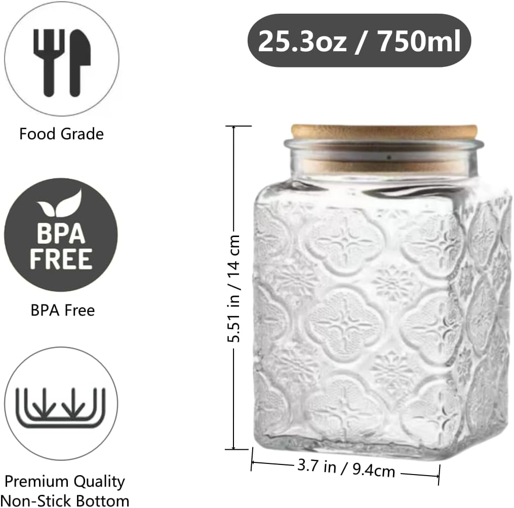 25.3oz Airtight Square Glass Jar, Vintage Decorative Storage Canister with Bamboo Lid, Glass Food Storage Container for Candy Snack Cookies Coffee Tea Nuts, Cute Jar (Square Begonia)