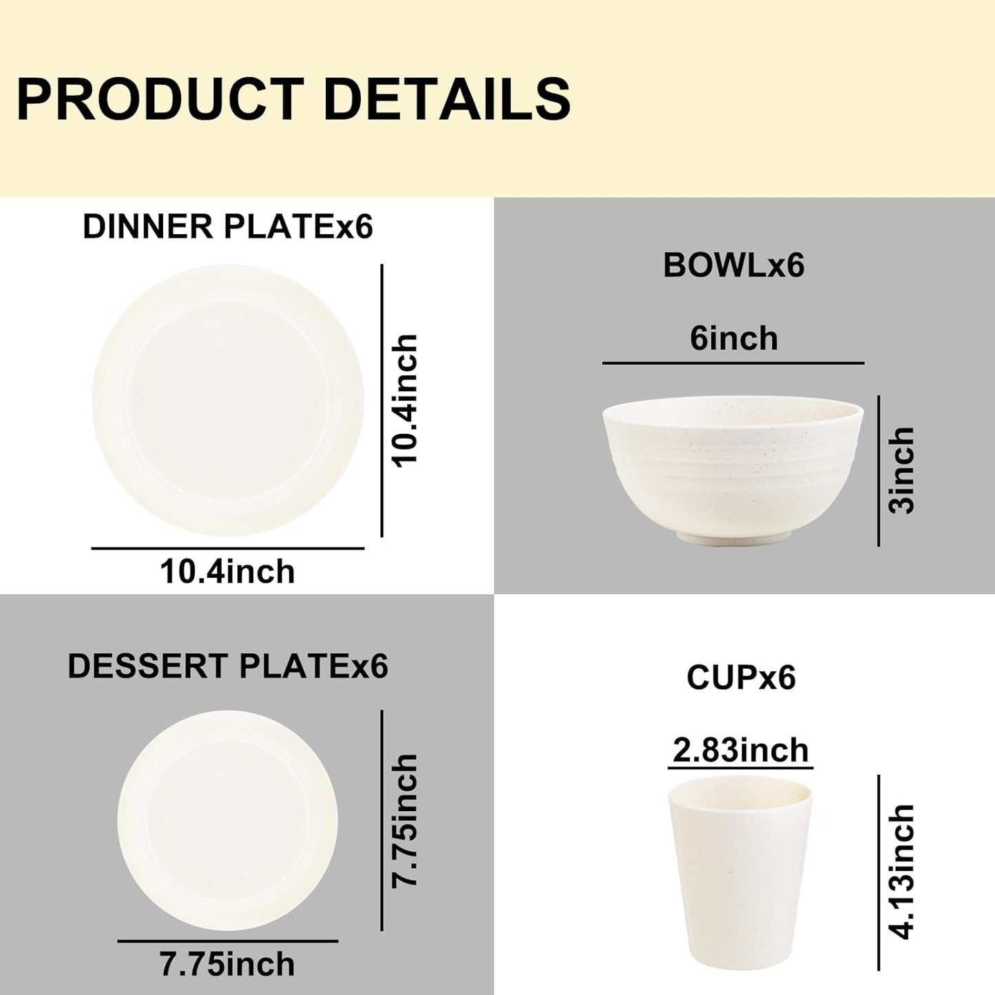 Rubtlamp 24 Pcs Wheat Straw Dinnerware Sets, Unbreakable Reusable Plastic Wheat Straw Bowls & Plates Dinner Set, Microwave And Dishwasher Safe Plates, 12Plates, 6Bowls, 6Cups for Party(Beige)