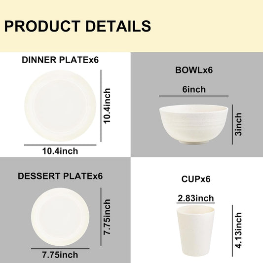 Rubtlamp 24 Pcs Wheat Straw Dinnerware Sets, Unbreakable Reusable Plastic Wheat Straw Bowls & Plates Dinner Set, Microwave And Dishwasher Safe Plates, 12Plates, 6Bowls, 6Cups for Party(Beige)