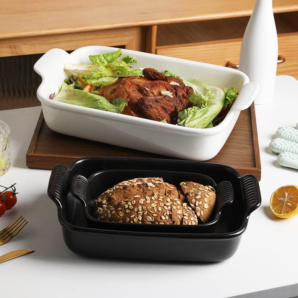 Sweejar Baking Pans Set, Ceramic 9x13 Baking Dish with Handle, Rectangular Casserole Dishes for Oven, Bakeware Sets of 3, Durable Lasagna Pan Deep for Kitchen, Banquet, Wedding Gift(Black)