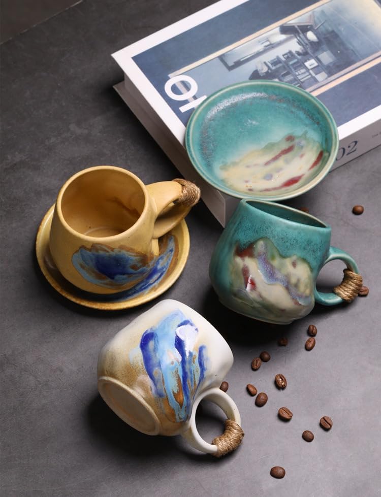 10oz Unique Vintage Retro Japanese Handmade Ceramic Cappuccino Barista Cup with Saucer, Coffee Cup and Saucer, Artisanal Stoneware Coffee Mug, Lead-Free Latte Art Mug (1, Light brown)