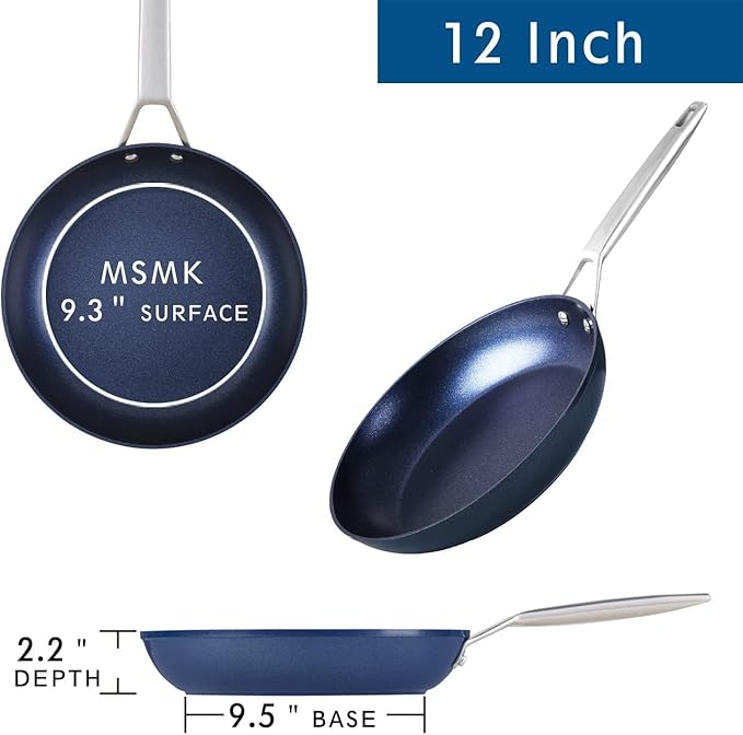 MsMk Large Frying Pan, 12-Inch PFOA Free Nonstick Meat Omelet Skillet, Stay-Cool Handle, Titanium and Diamond Non Stick Coating From USA, Smooth Stainless Steel Base Induction Compatible