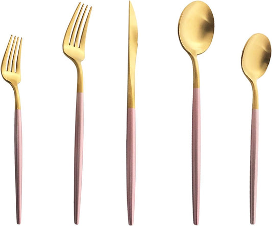 Silverware Set, Hand polished Matte Gold Pink Flatware Cutlery Set Service for 2, Satin Finish 10 Pieces 18/10 Stainless Steel Utensils Set for Home and Restaurant, Dishwasher Safe