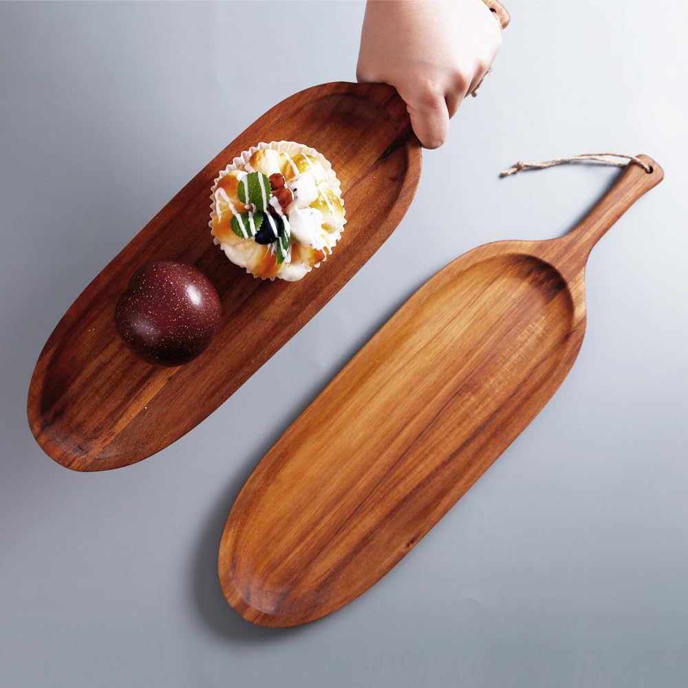 Wooden Serving Tray with Handle 1pcs Serving Plates for Meal Christmas Dinner Plates 16.5" Med-Size Wood Cheese Charcuterie Board for Food Meat Acacia Wood Platers for Bread Appetizer Snack