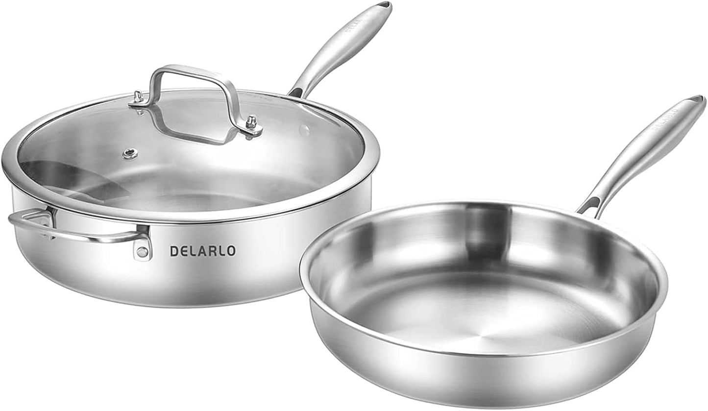 DELARLO Tri-Ply Stainless Steel Saute Pan Set With Lid Kitchen Cookware Set,Frying Pan Set Heats quickly Cookware, Suitable for All Stove Kitchen, Pots and Pans set